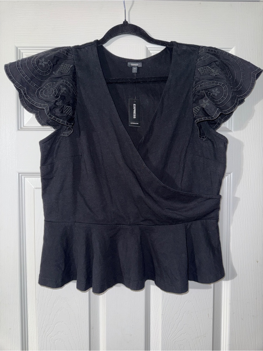 Express Black Embroidered Flutter-Sleeve Wrap Peplum Top